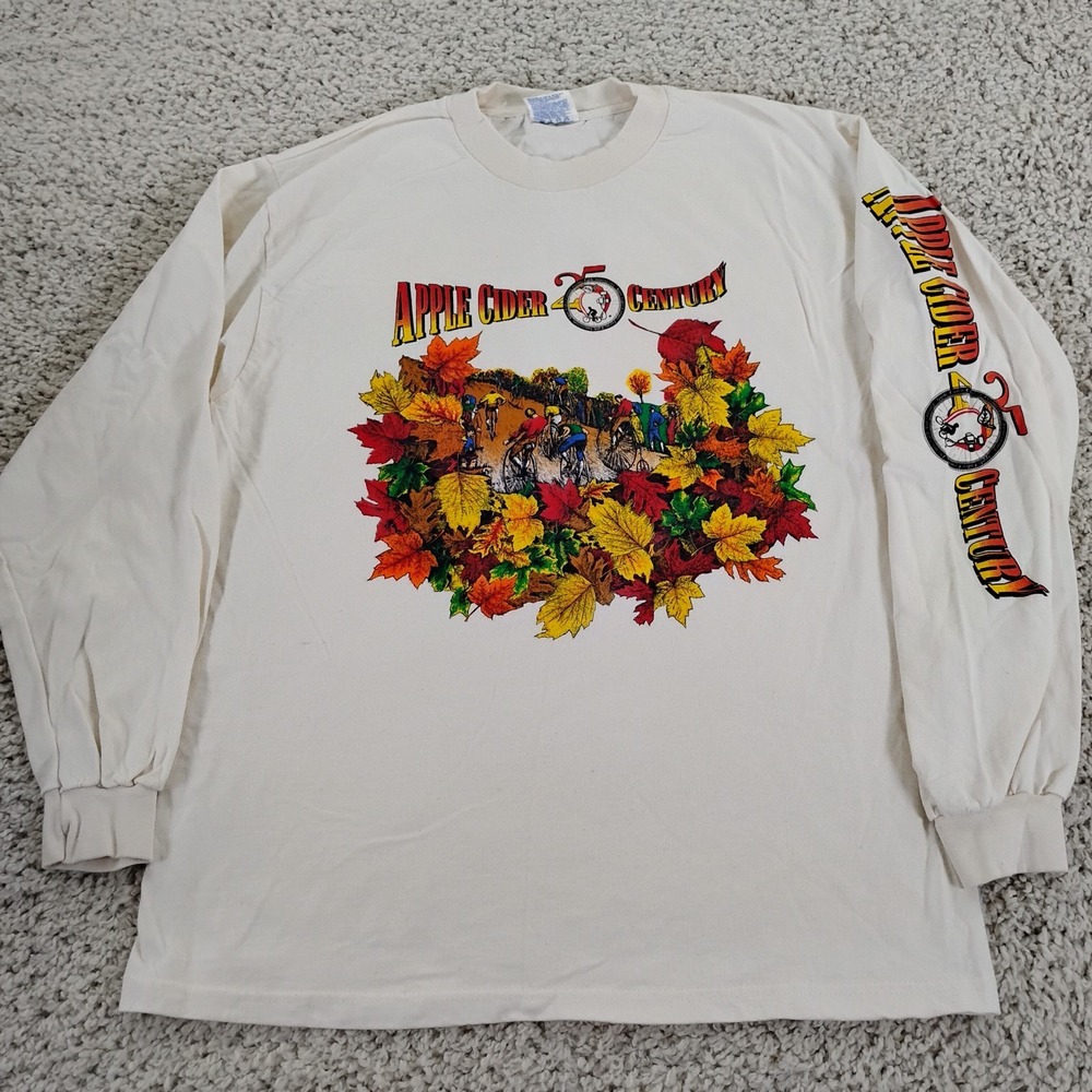 Vintage Hanes Shirt Mens Large Beige Cycling Apple Cider Century Biking 90s